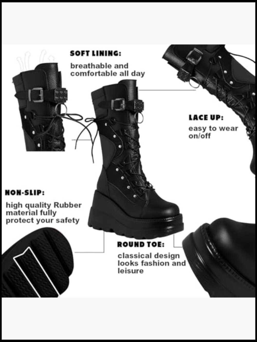 Platform Combat Boots Chunky Wedge Heel Lace Up and Zipper Mid Calf Concerts - Picture 3 of 6